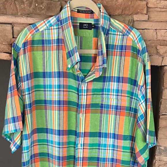 LINCS Madras Plaid Linen Summer SS Shirt Cool Cotton Casual Comfort Green XXL - Picture 5 of 10
